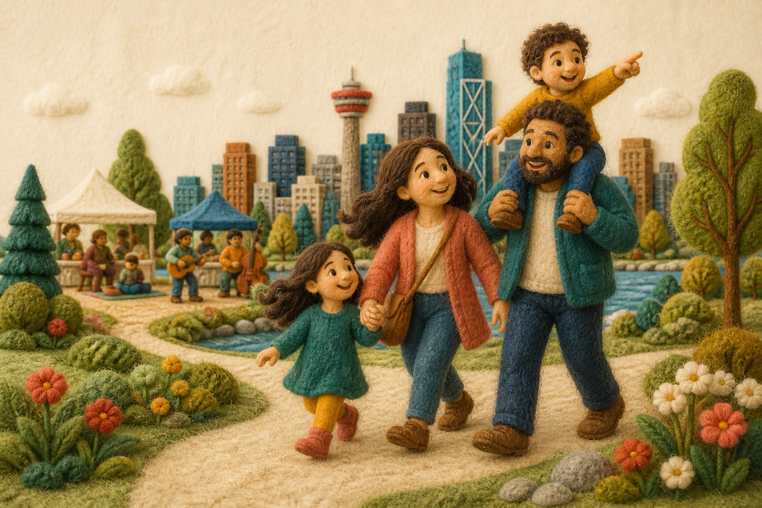 A needle-felted Calgary family enjoying a weekend outing
